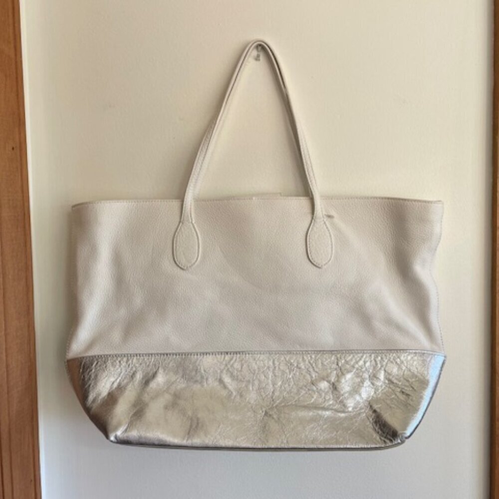 TALBOTS Leather White Silver Large Tote Bag NWOT